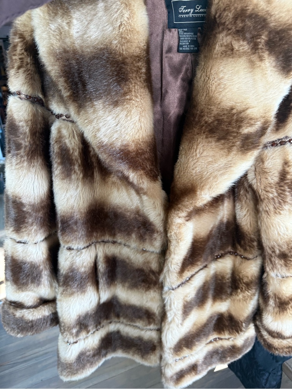 Women's Brown Faux Fur Coat - Luxurious Brown Jacket with beading